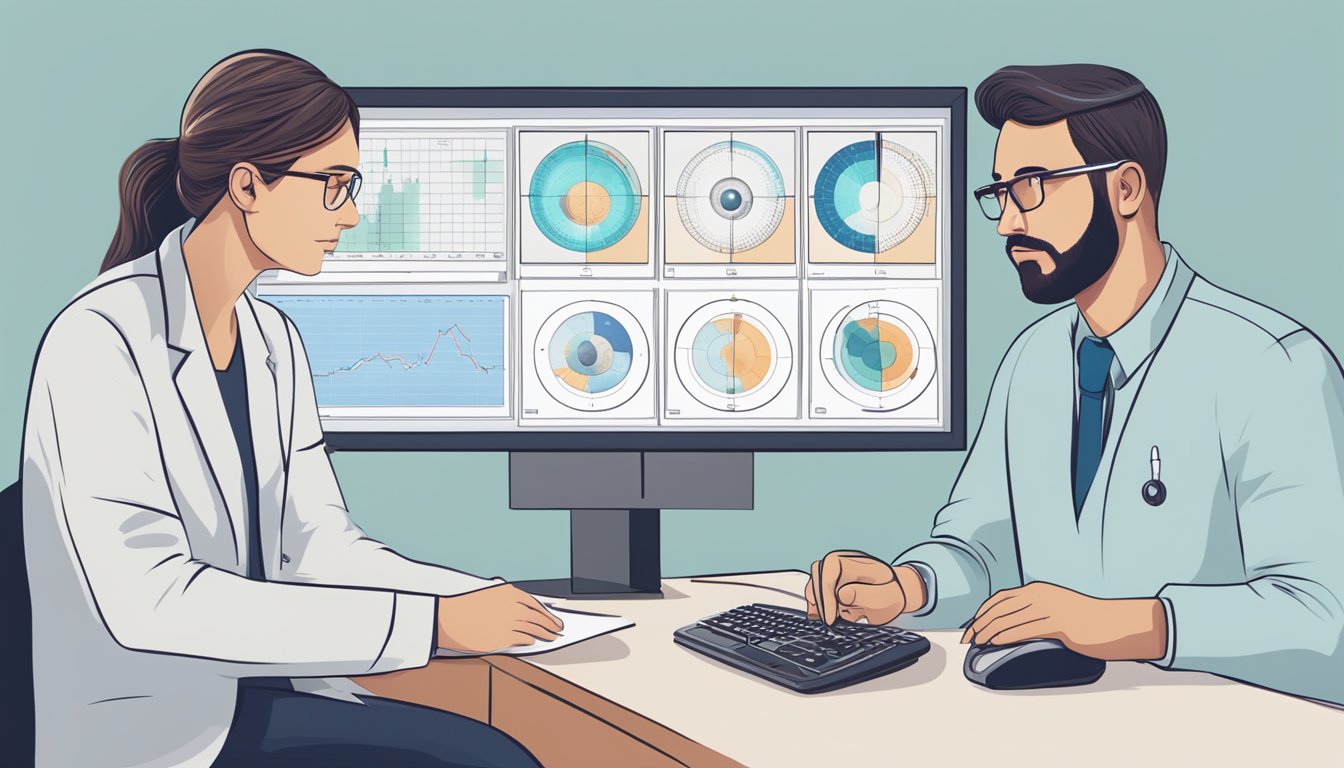 An optometrist examining a diabetic patient's eyes with a retinal camera, surrounded by charts and graphs on a computer screen