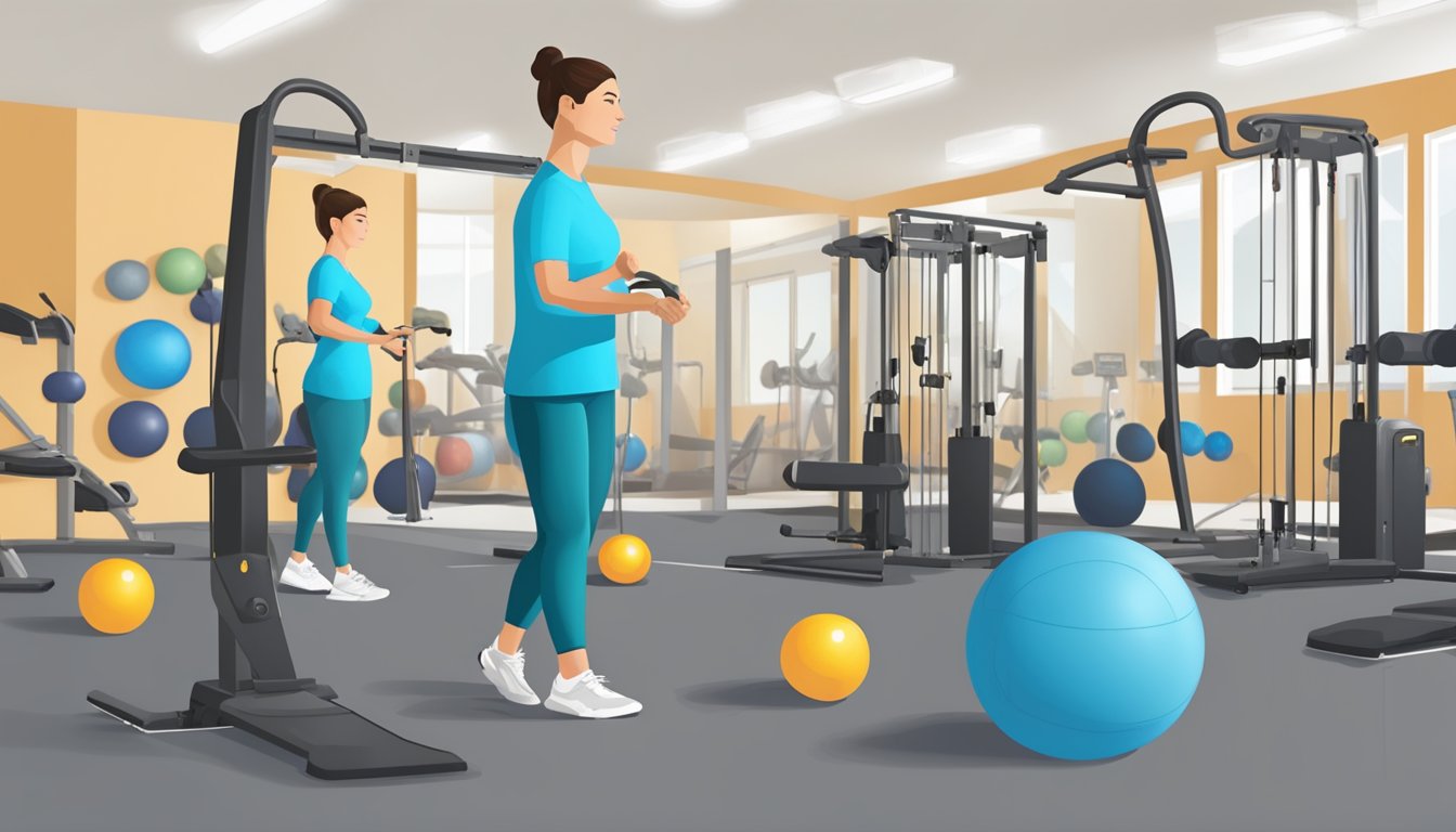 A diabetic individual performing balance exercises in a gym setting, with equipment such as stability balls, resistance bands, and weights