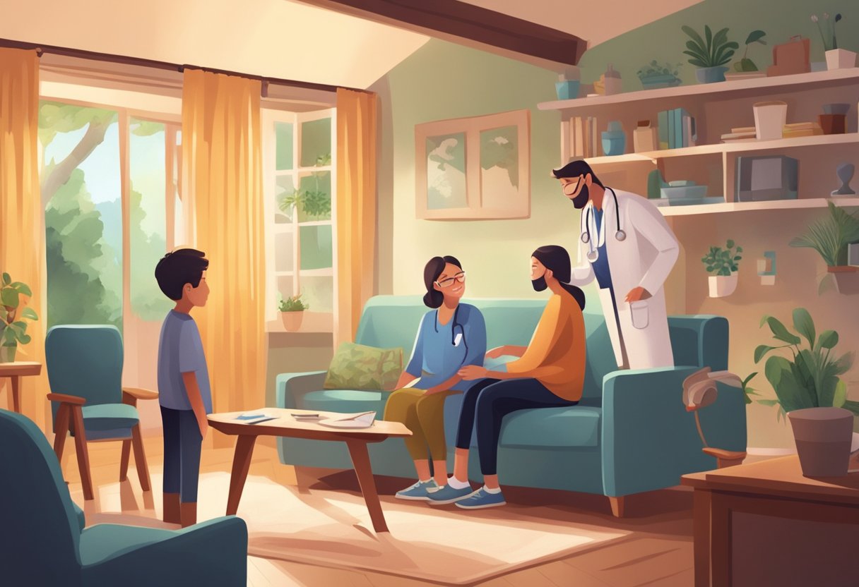 Atendimento Médico Domiciliar Particular: Benefícios e Como Funciona Um médico fazendo uma visita domiciliar, carregando uma maleta médica e conversando com a família de um paciente em uma sala de estar aconchegante.