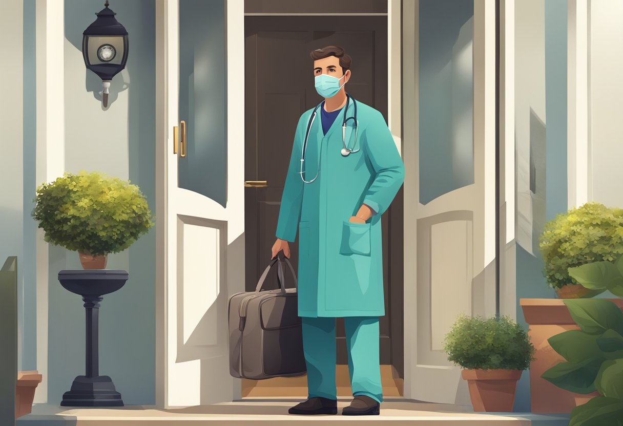 Atendimento Médico Domiciliar Particular: Benefícios e Como Funciona Um médico fazendo uma visita domiciliar, carregando uma maleta médica, está na porta da frente de uma casa particular, pronto para fornecer atendimento médico.
