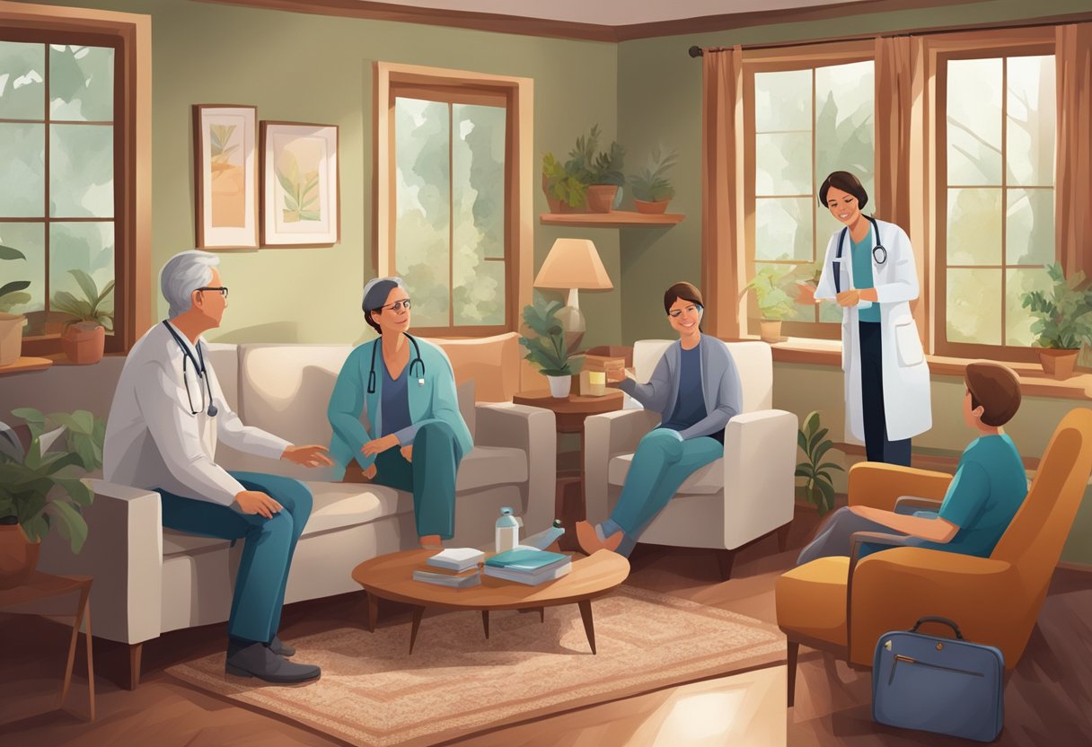 Atendimento Médico Domiciliar Particular: Benefícios e Como Funciona Um médico fazendo uma visita domiciliar, carregando uma maleta médica e conversando com a família de um paciente em uma sala de estar aconchegante.