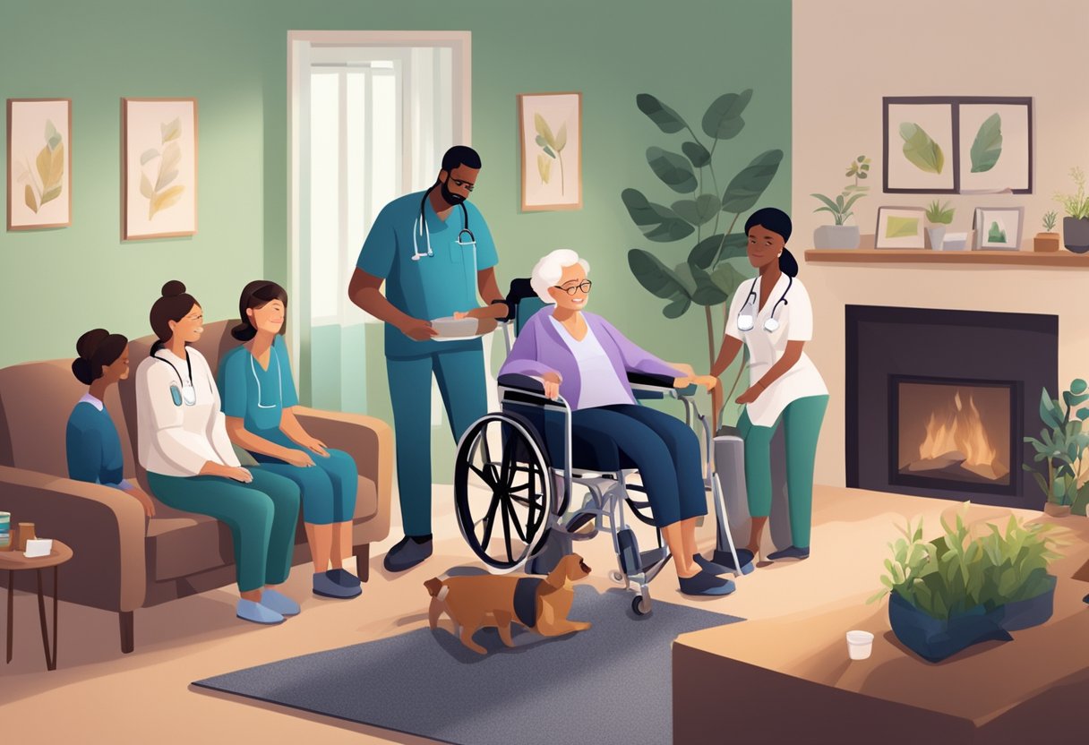 Atendimento Médico Domiciliar Particular: Benefícios e Como Funciona Uma equipe de cuidados domiciliares fornecendo serviços médicos em uma sala de estar aconchegante com um paciente em uma cadeira confortável, cercado por equipamentos médicos e cuidadores atendendo às suas necessidades.