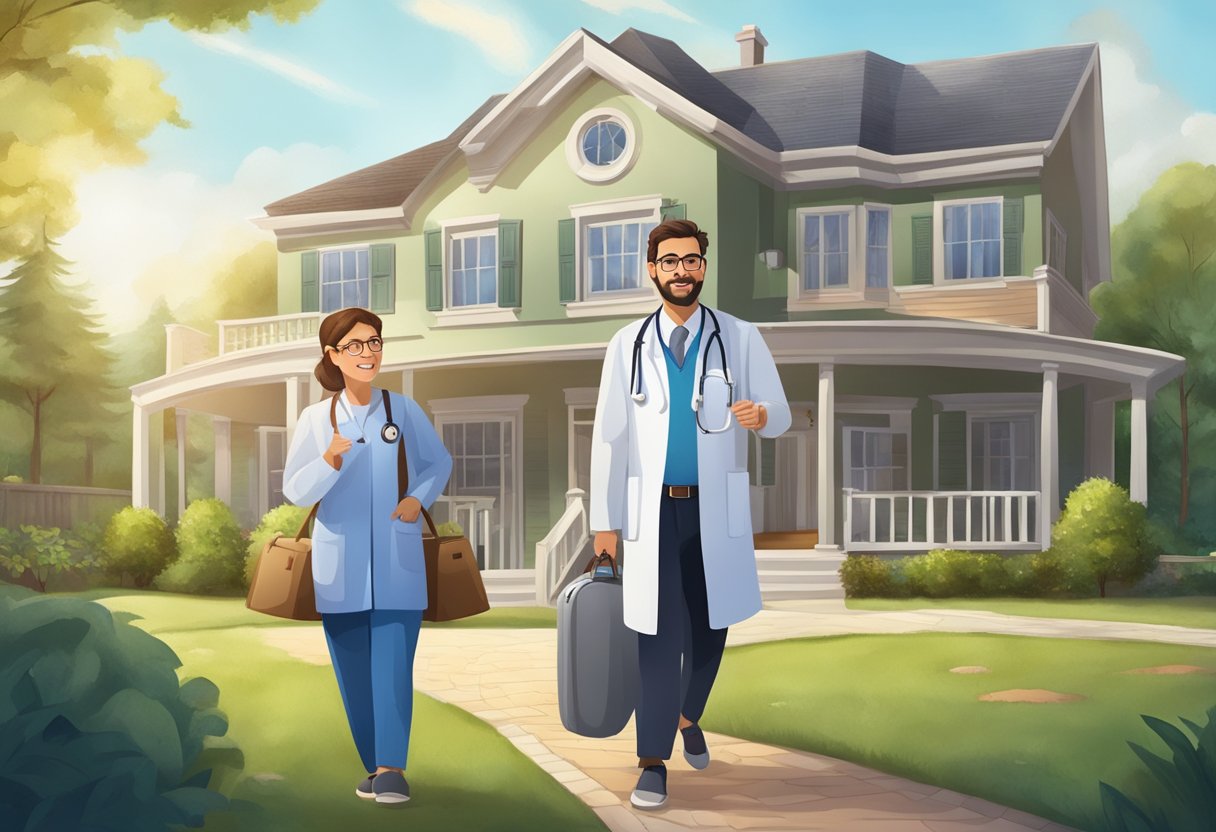 Atendimento Médico Domiciliar Particular: Benefícios e Como Funciona Um médico fazendo uma visita domiciliar a uma residência particular, carregando uma maleta médica e conversando com a família do paciente.