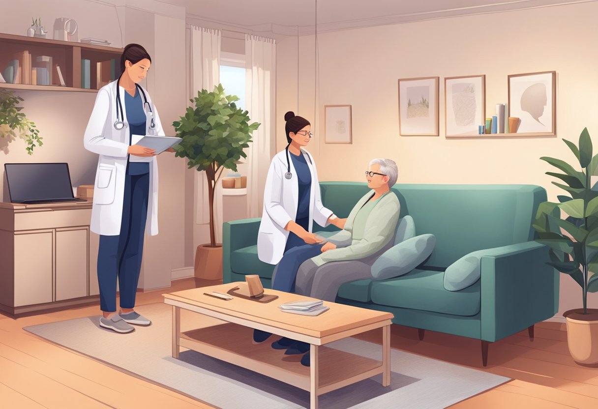 Atendimento Médico Domiciliar Particular: Benefícios e Como Funciona Uma sala de estar aconchegante com um sofá confortável, iluminação suave e um profissional de saúde fornecendo cuidados personalizados a um paciente em casa.