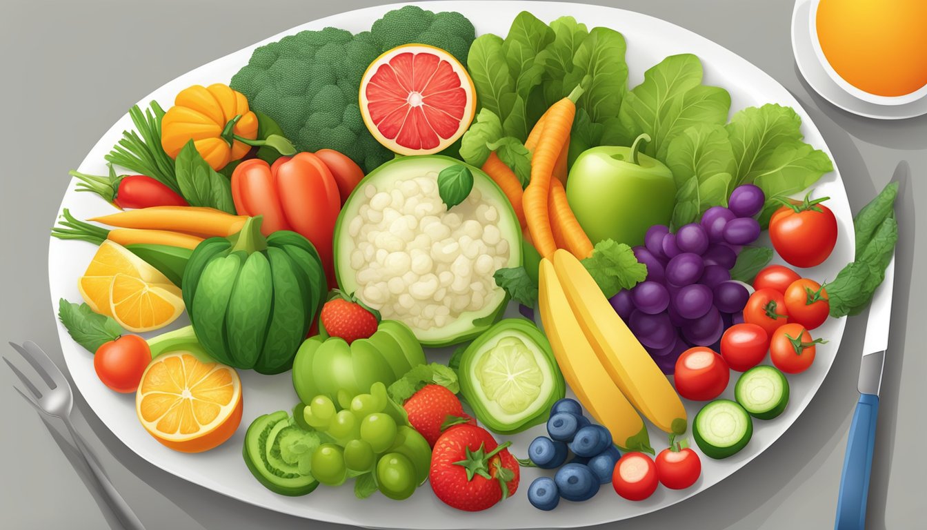 A colorful array of fresh vegetables and fruits arranged around a plate with a balanced vegetarian or vegan meal, representing nutritional strategies for diabetic weight loss