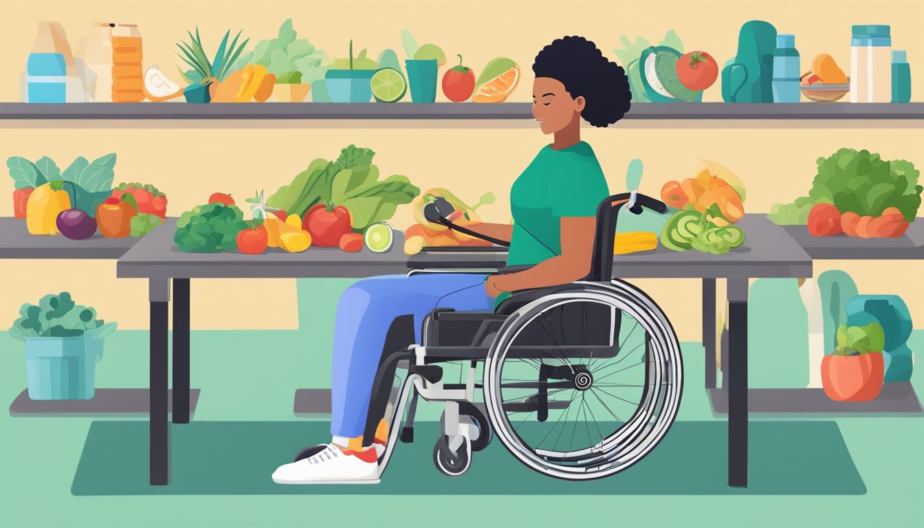 A person in a wheelchair using resistance bands for exercise, surrounded by healthy food and a blood glucose monitor