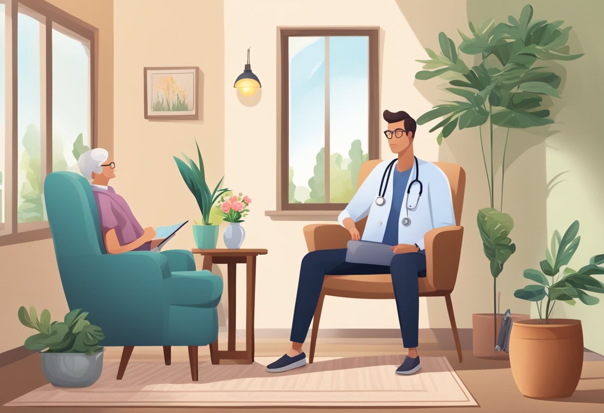 Atendimento Médico Domiciliar Particular: Benefícios e Como Funciona Uma sala de estar aconchegante com uma poltrona confortável e uma mesa lateral com um vaso de flores. Um médico fazendo uma visita domiciliar, carregando uma mala médica e conversando com um paciente.