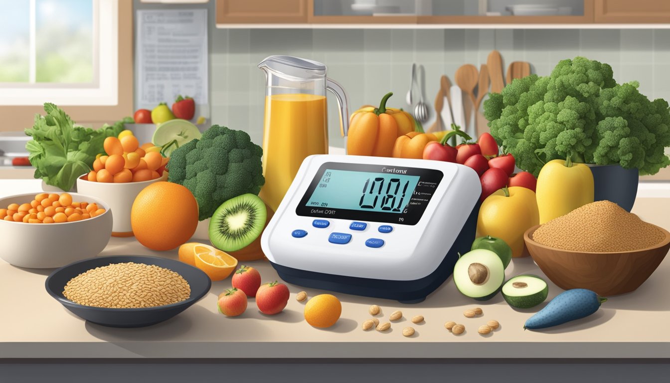 A kitchen counter with a variety of fresh fruits, vegetables, lean proteins, and whole grains. A scale and blood glucose monitor sit nearby