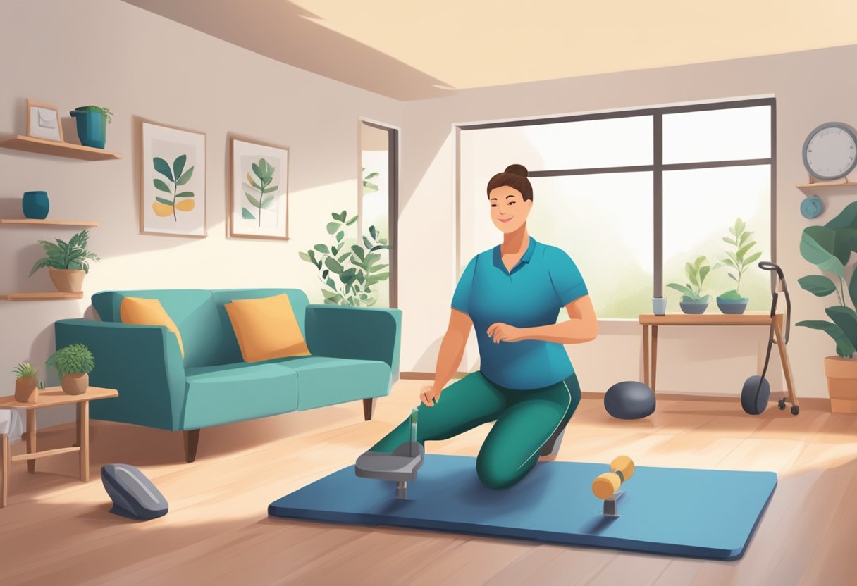 Atendimento Médico Domiciliar Particular: Benefícios e Como Funciona Um fisioterapeuta oferecendo reabilitação em casa, utilizando equipamentos de exercício e ferramentas médicas em um ambiente aconchegante de sala de estar.