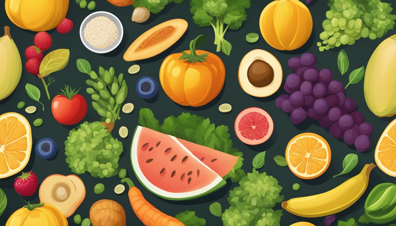 A table with a variety of colorful fruits, vegetables, whole grains, and legumes arranged in a balanced and appealing manner