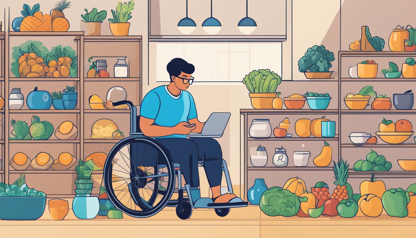 A person with diabetes sits in a wheelchair, surrounded by healthy food options and a fitness tracker. They are engaging in physical activity and monitoring their progress