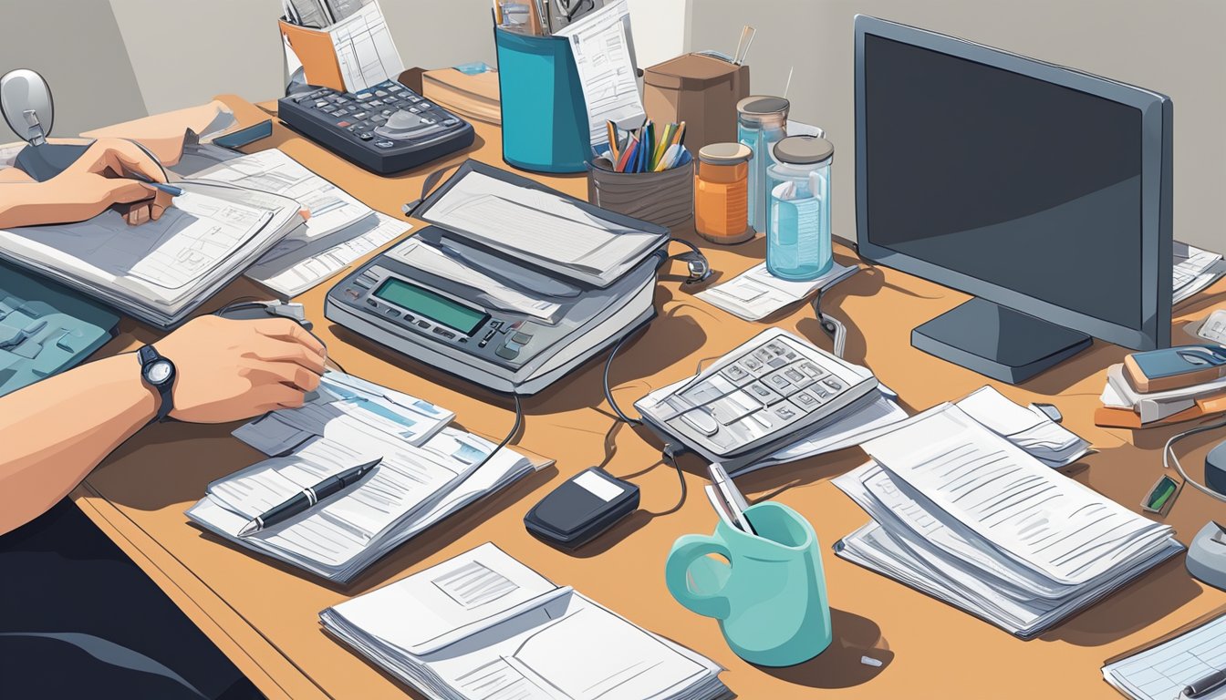 A person with diabetes sits at a cluttered desk, surrounded by medical documents and a blood sugar monitor. They look stressed and overwhelmed