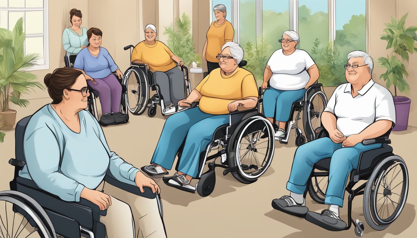 A group of individuals in wheelchairs participate in a weight loss program led by community support workers, focusing on adapted exercises and healthy eating