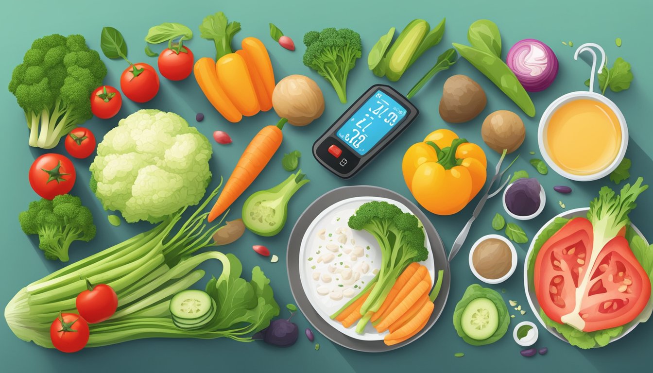 A colorful array of fresh vegetables and plant-based protein sources arranged on a plate, with a measuring tape and a blood glucose monitor nearby