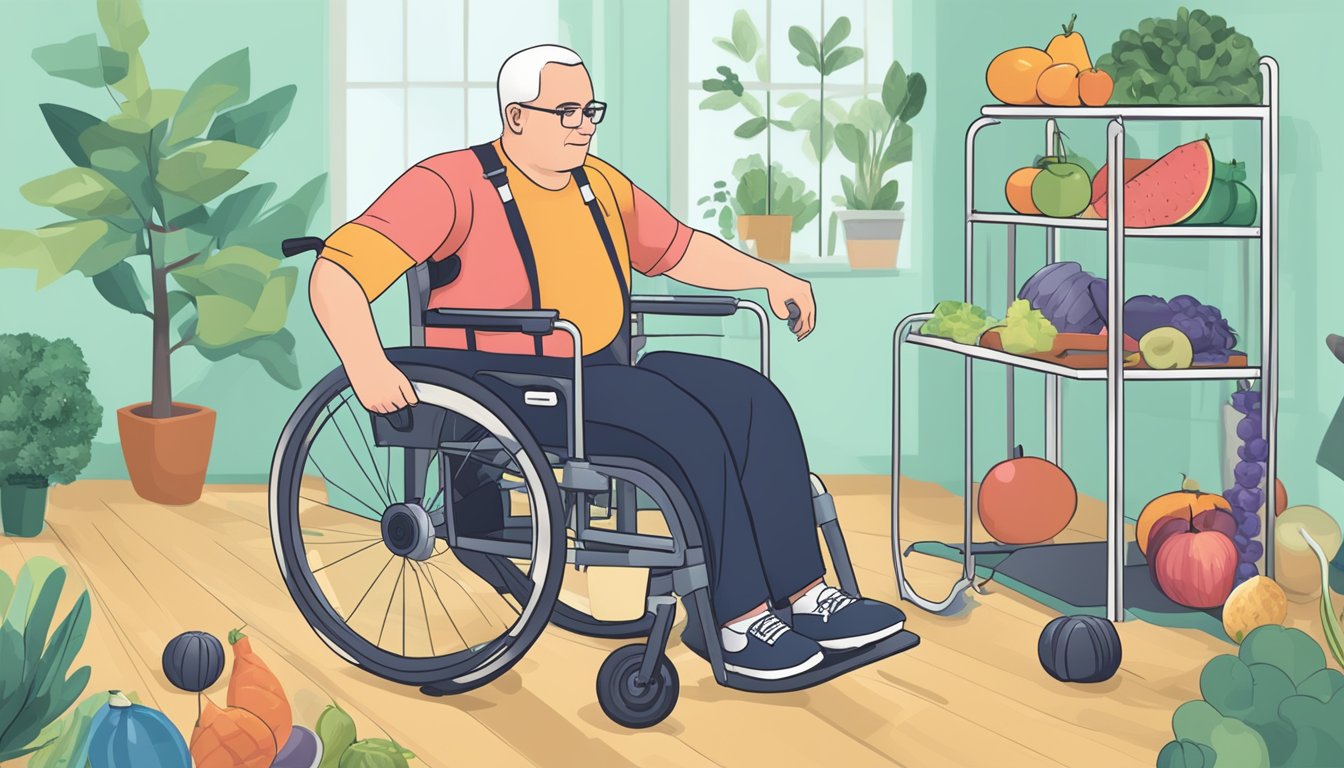 A diabetic with limited mobility using resistance bands while seated in a wheelchair, surrounded by accessible exercise equipment and healthy food options