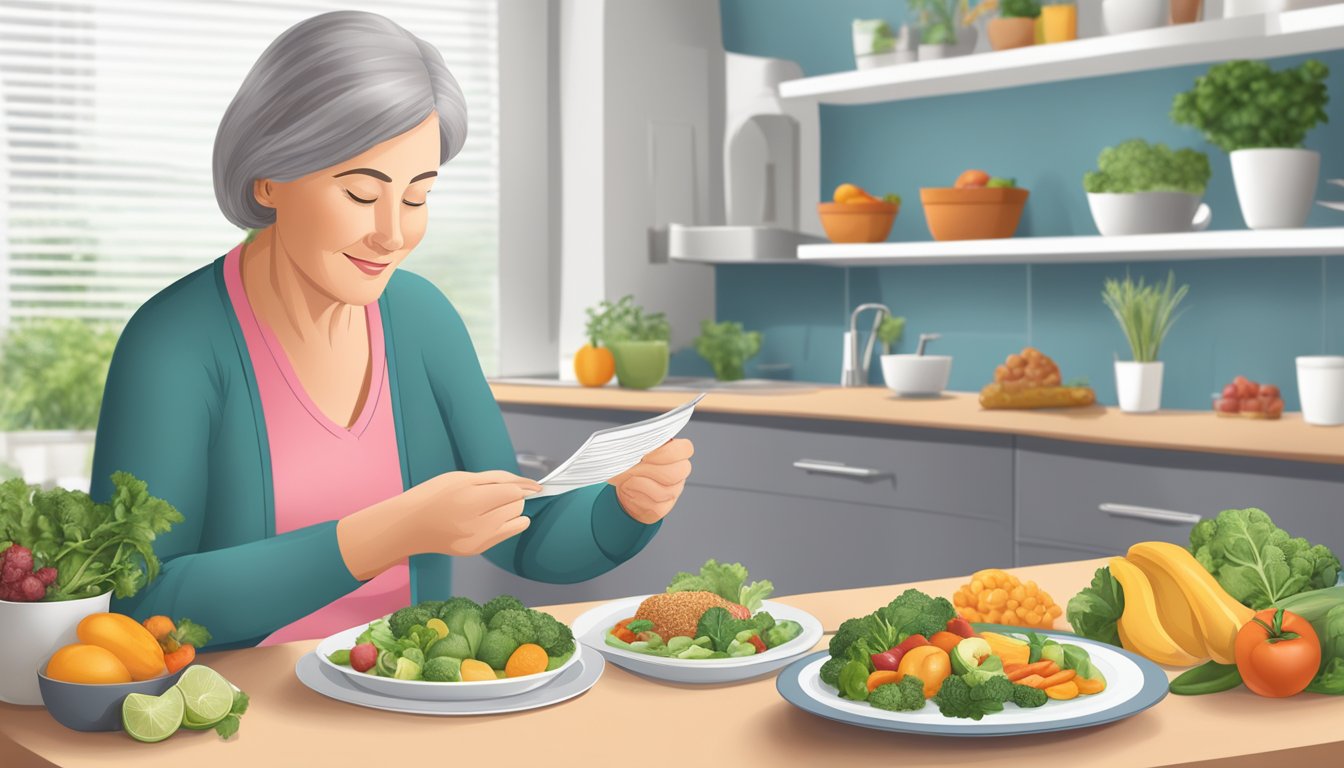 A dietician adjusting meal plans and exercise routines for a diabetic with limited mobility, using a combination of healthy food and seated exercises