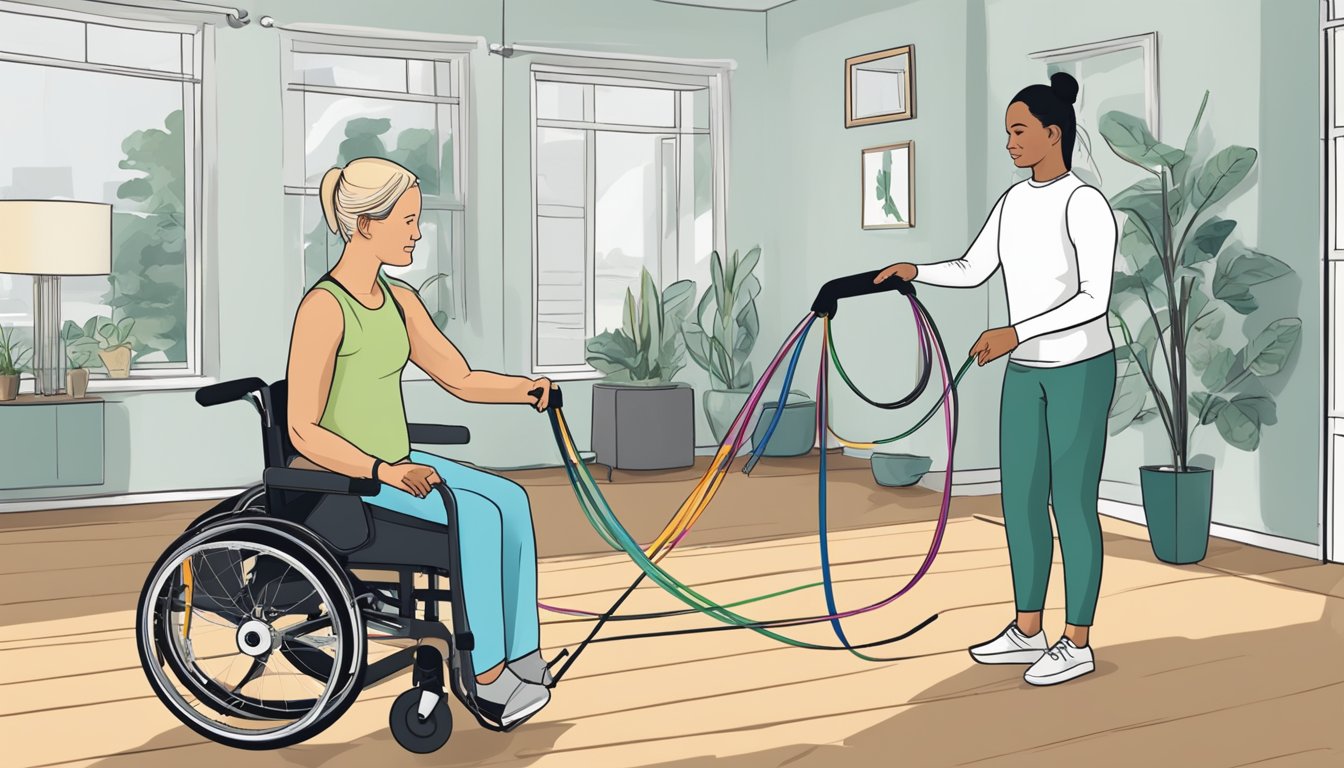 A person in a wheelchair using resistance bands for strength training, while a nutritionist provides personalized dietary advice