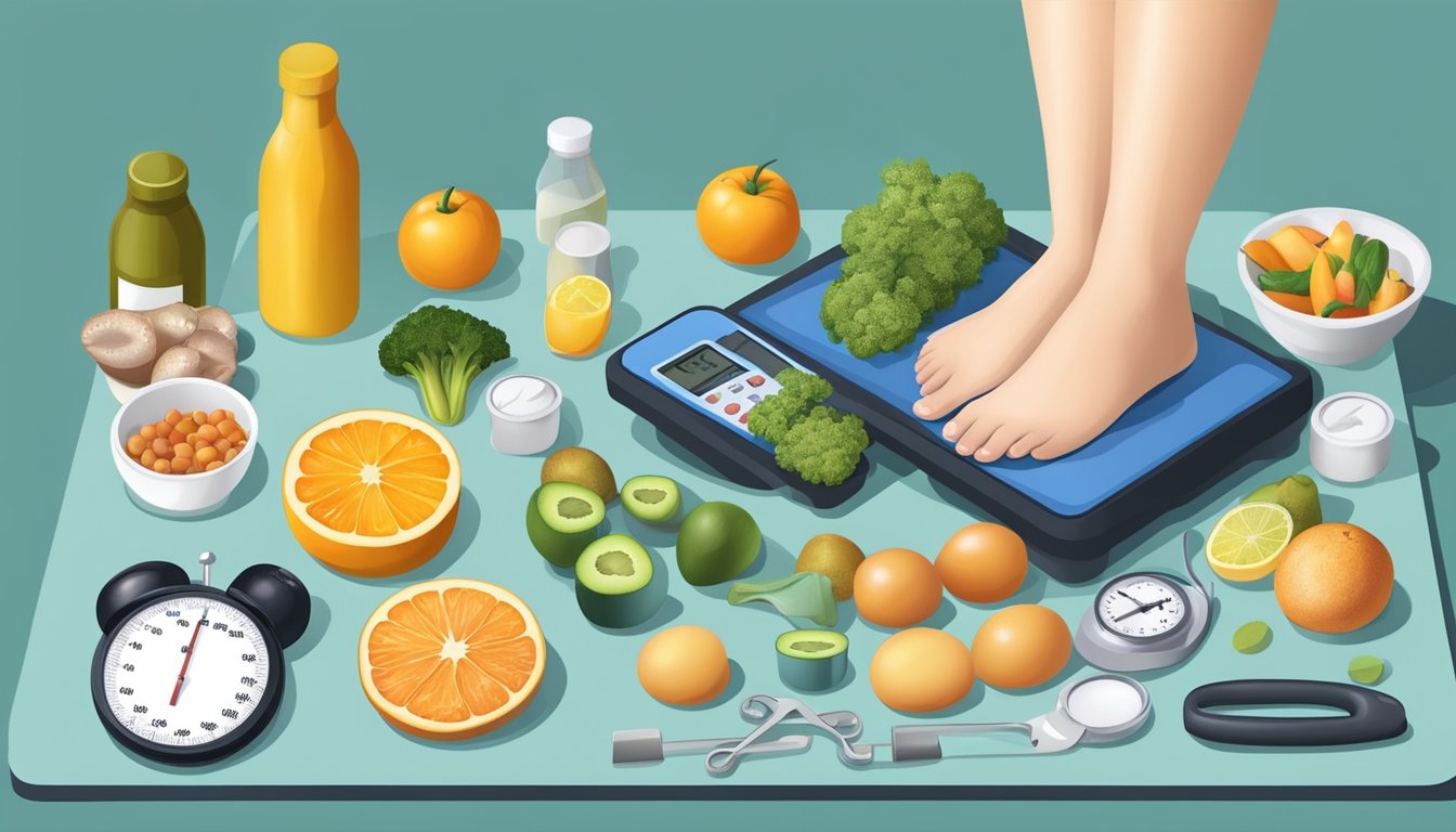 A person with diabetic foot problems exercises on a scale, surrounded by healthy food and a podiatrist's tools