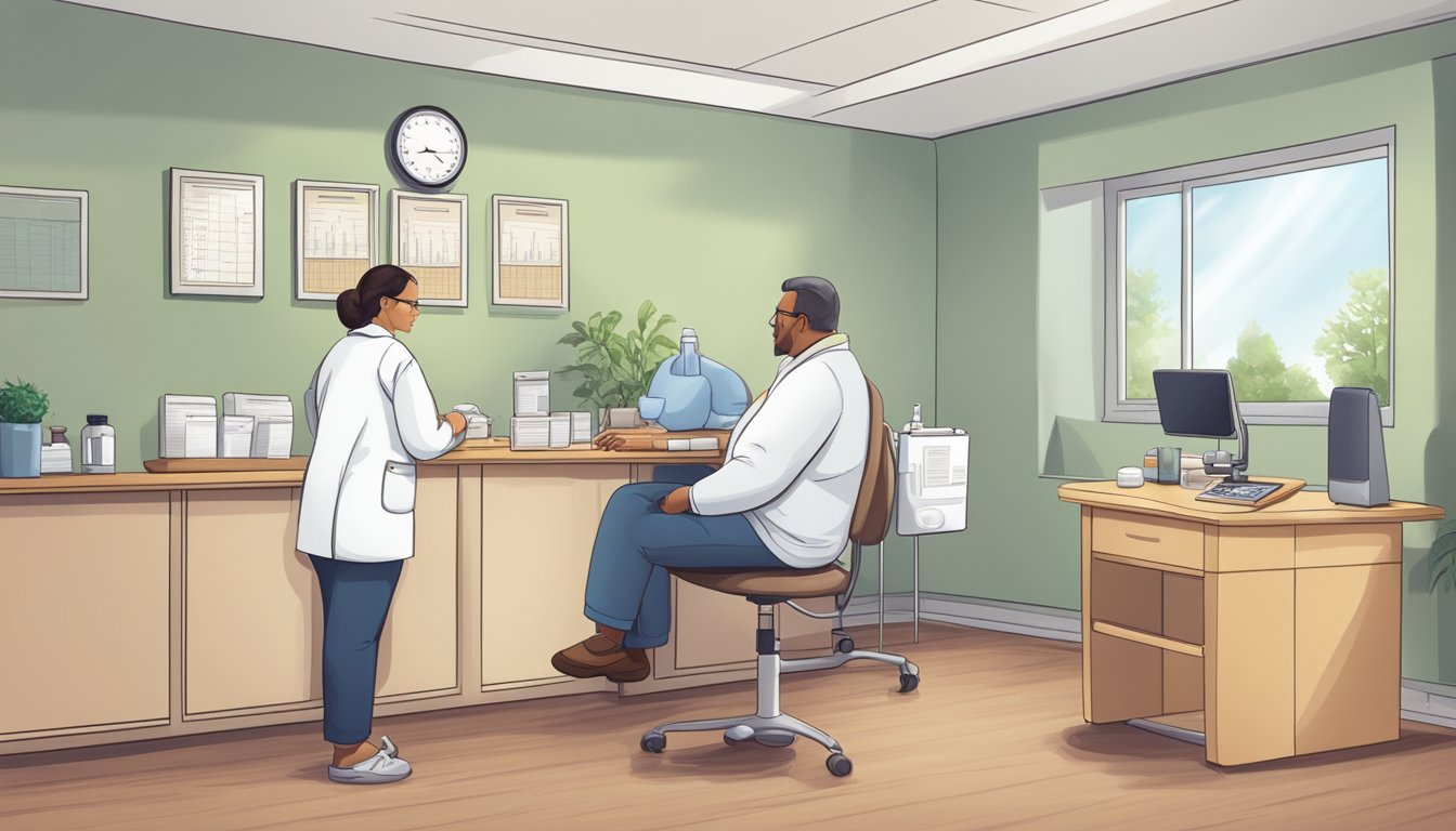 A person with diabetes sits in a doctor's office, discussing foot care and weight loss. A scale and medical charts are visible in the room