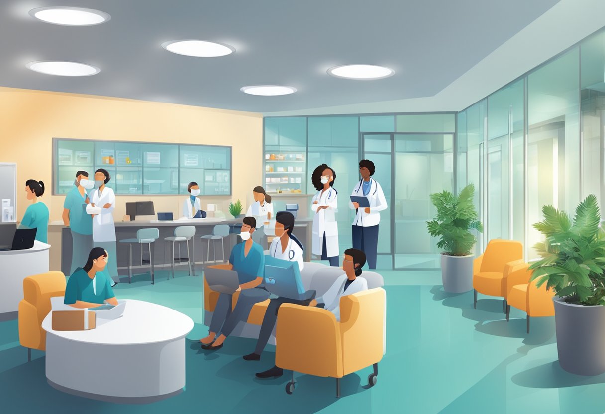 Uma movimentada unidade médica 24 horas com médicos e enfermeiros atendendo os pacientes a qualquer hora do dia. Área de espera bem iluminada com assentos confortáveis e uma mesa de recepção.
