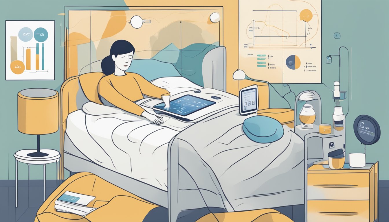 A person in bed with a continuous glucose monitor on their arm, surrounded by sleep cycle diagrams and weight management charts