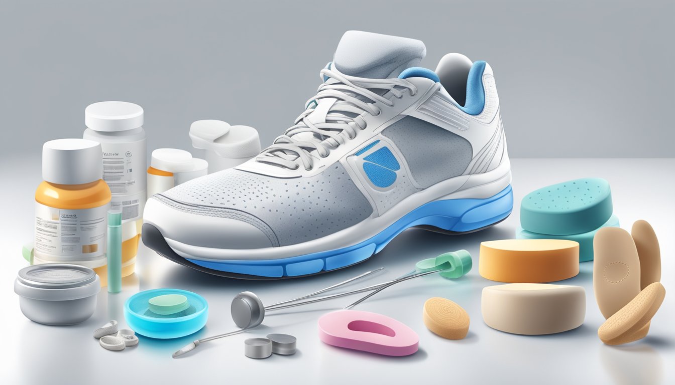 A pair of orthopedic shoes surrounded by various types of orthotic inserts and diabetic foot care products on a clean, white background