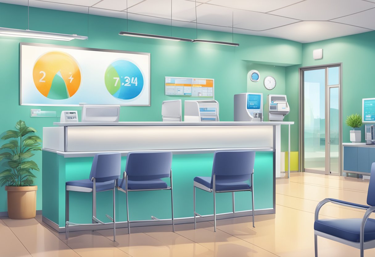 Uma clínica médica bem iluminada com uma placa de 24 horas, um balcão de recepção e uma área de espera com cadeiras e um bebedouro.