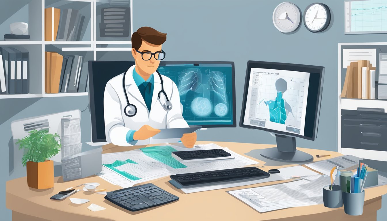 A doctor reviewing charts and x-rays at a desk, with a computer displaying graphs and data on weight loss and diabetic foot complications