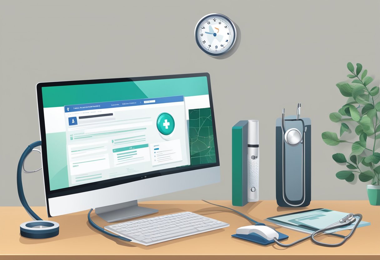 Um estetoscópio de médico repousando sobre uma mesa ao lado de um computador exibindo um site de serviço médico 24 horas.