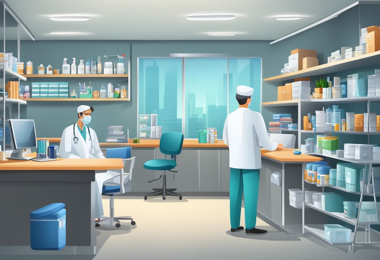 Um consultório médico especializado aberto 24 horas por dia, 7 dias por semana, com um médico e uma enfermeira na recepção, e equipamentos e suprimentos médicos organizados de forma ordenada em prateleiras.