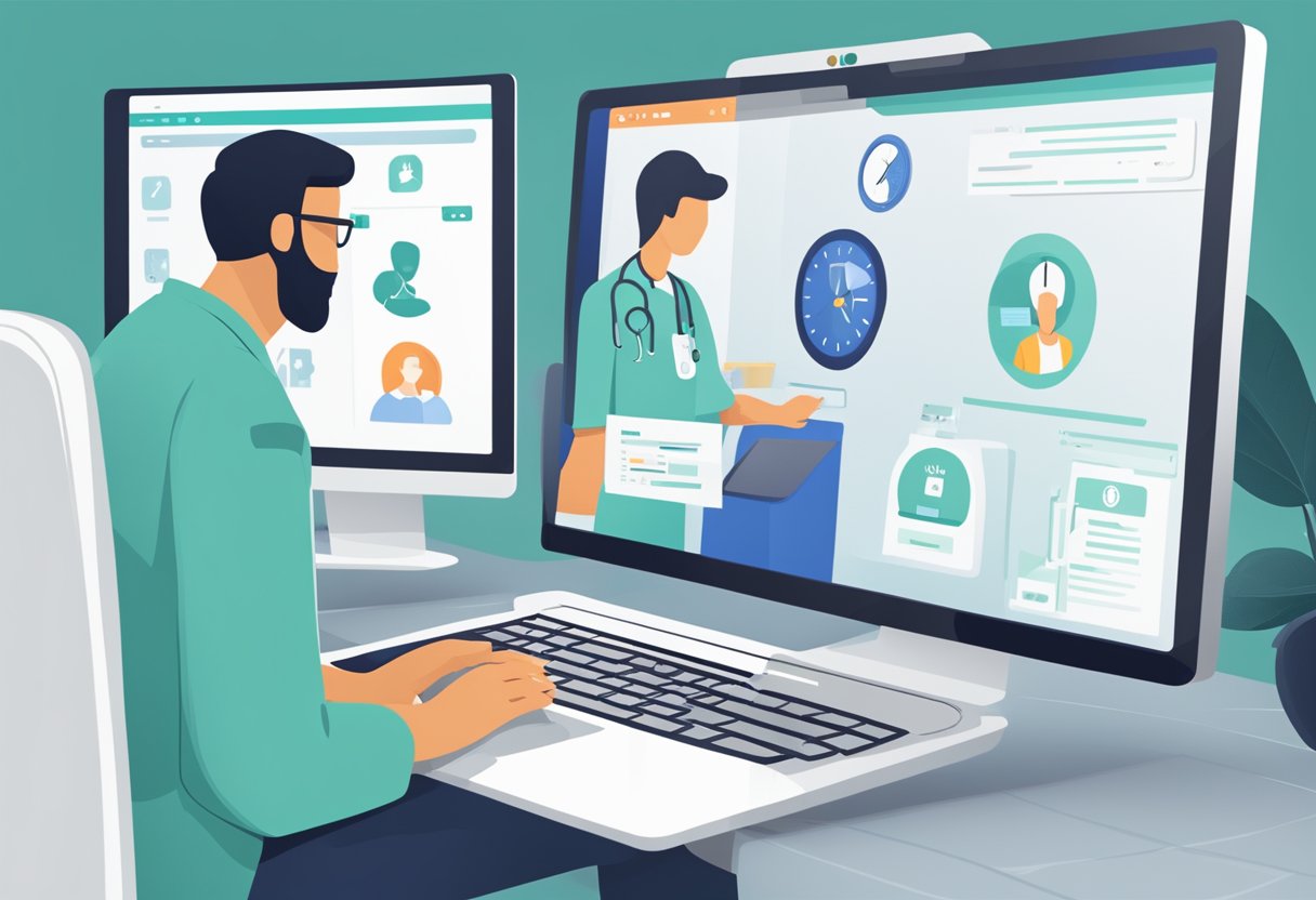 Um computador com um site de telemedicina aberto, mostrando uma consulta virtual entre um médico e um paciente, com um relógio indicando disponibilidade 24 horas.