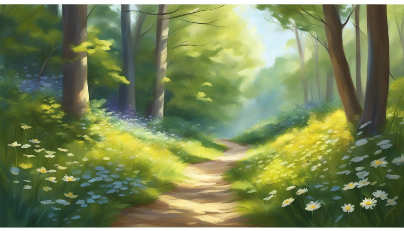 A serene forest path with dappled sunlight filtering through the trees, a winding trail leading to a peaceful clearing with vibrant wildflowers and a gentle stream