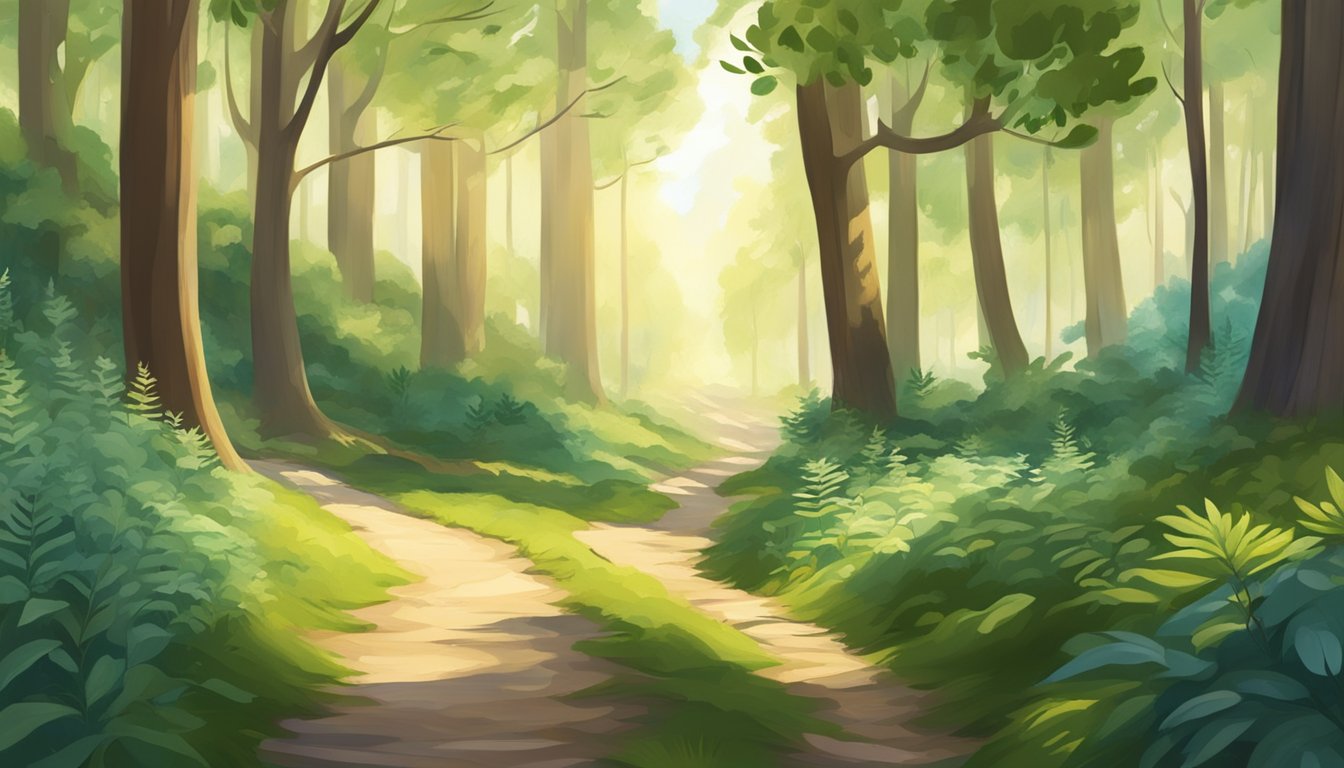 A serene forest path with dappled sunlight filtering through the trees, showcasing a variety of plants and wildlife, with a clear walking trail winding through the natural landscape