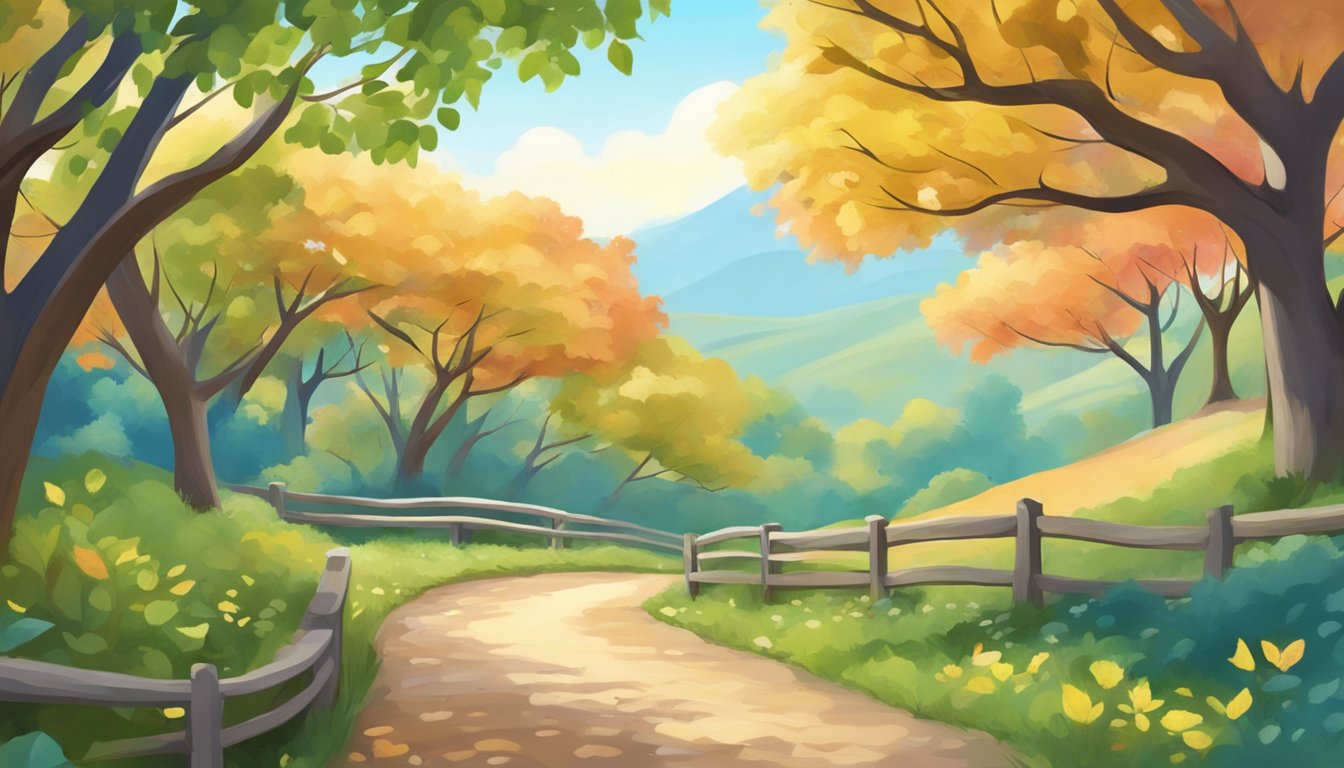 A peaceful nature trail with colorful foliage and a winding path, featuring a clear blue sky and a gentle breeze