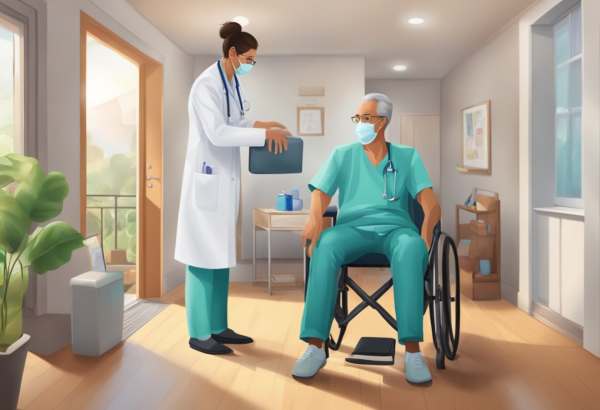 Um médico com uma maleta médica visita uma casa, onde um paciente está recebendo cuidados em um ambiente confortável.