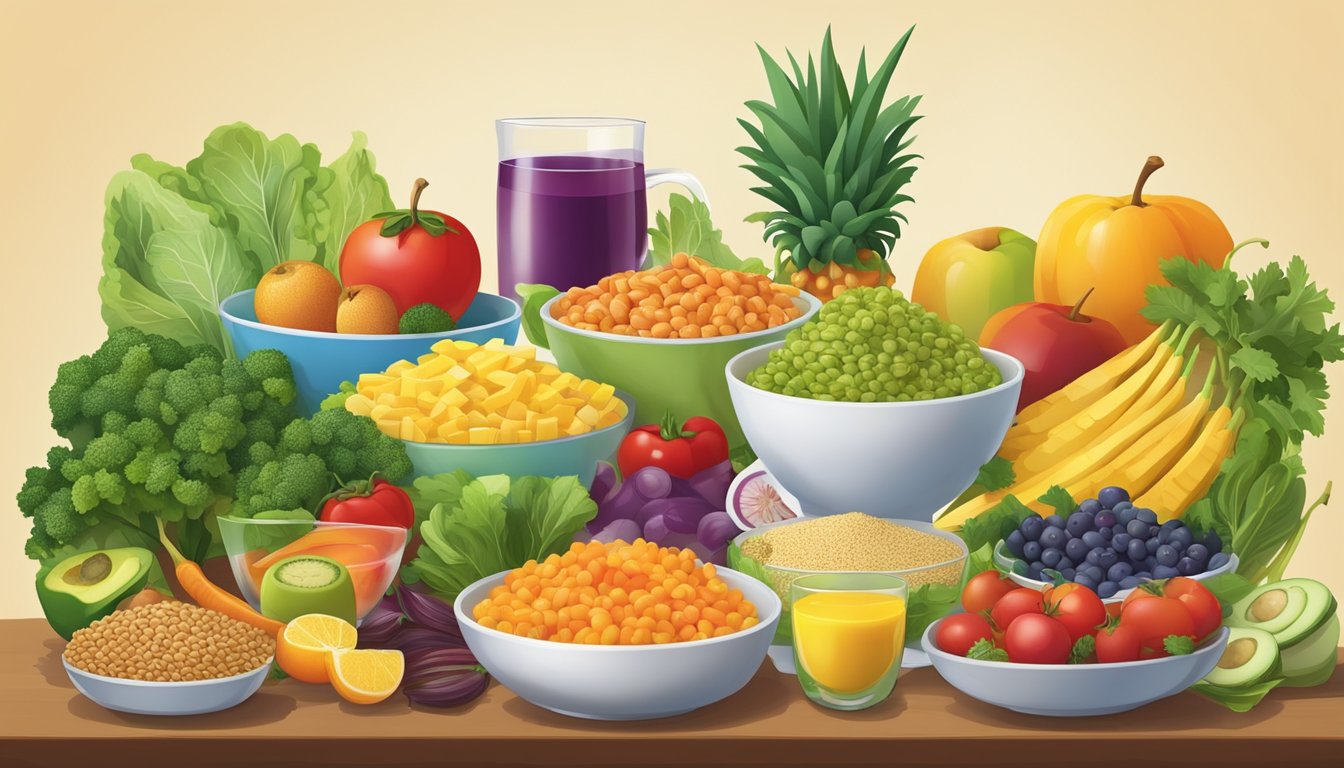 A table set with a variety of colorful and flavorful cultural foods, including fruits, vegetables, grains, and lean proteins, arranged in a balanced and visually appealing manner