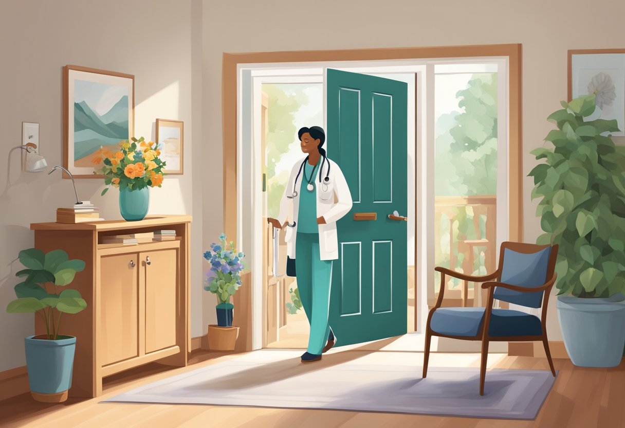 Um médico carregando uma maleta médica se aproxima de uma porta da frente acolhedora, enquanto um paciente espera dentro de uma sala de estar aconchegante com uma poltrona confortável e uma mesa lateral com um vaso de flores.