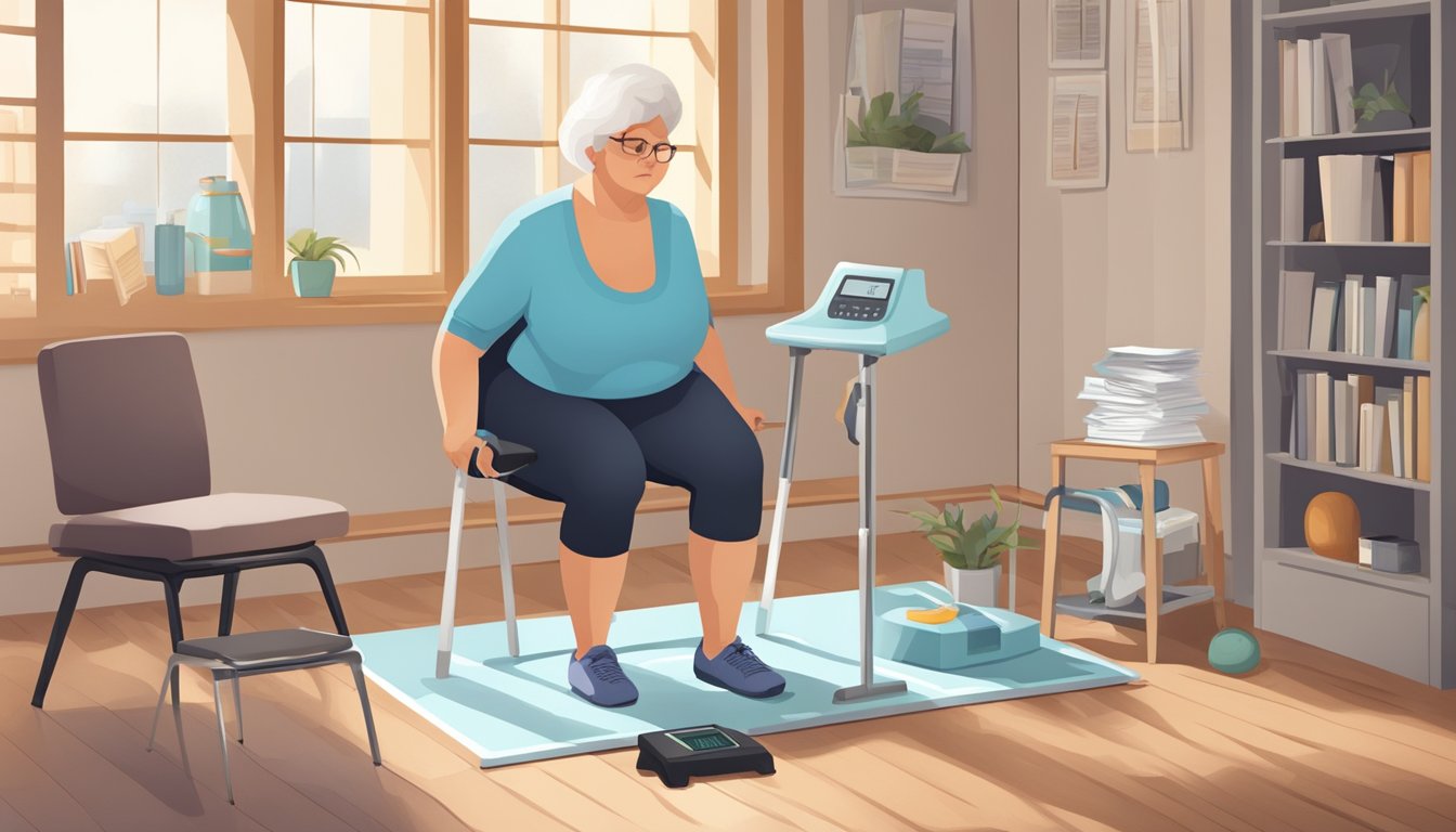 A person performing chair exercises, surrounded by diabetes-related educational materials and a scale, with a focus on weight loss