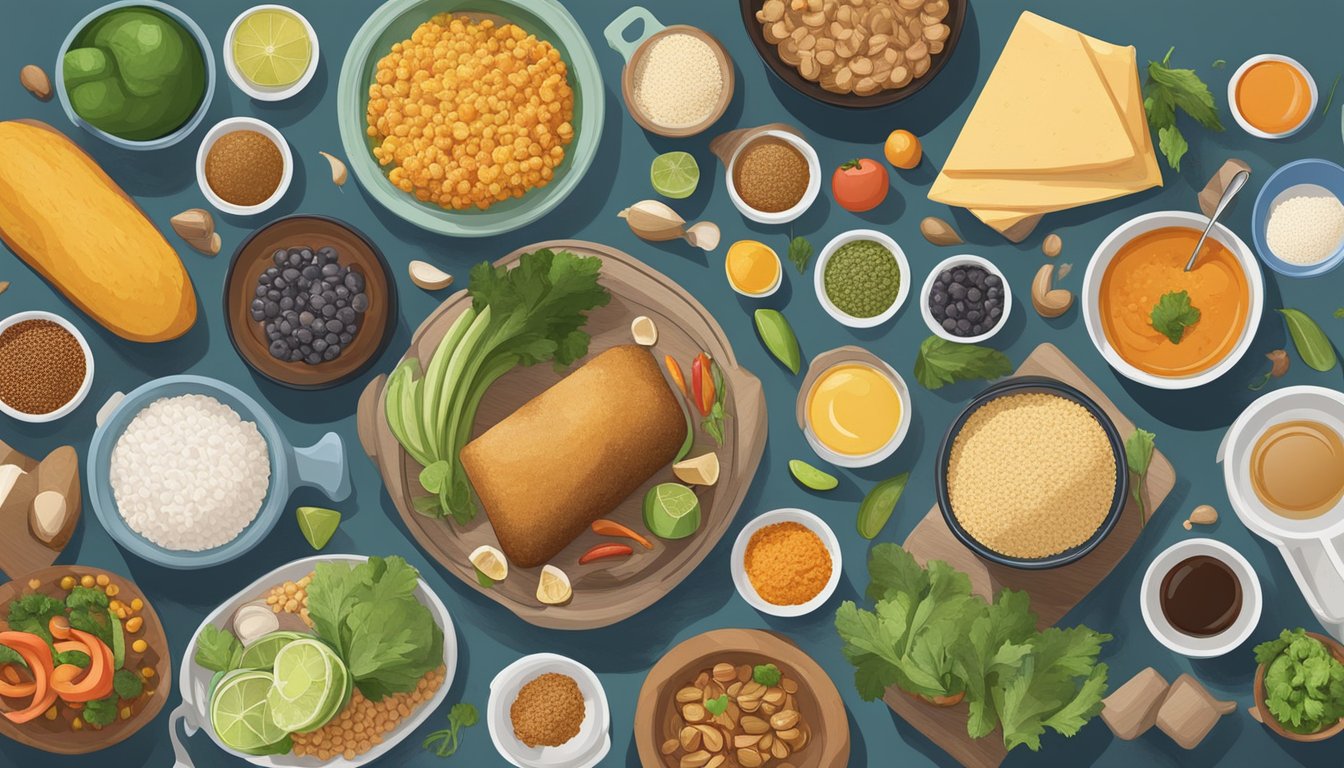 A diverse array of cultural foods arranged on a table, surrounded by measuring cups, scales, and exercise equipment