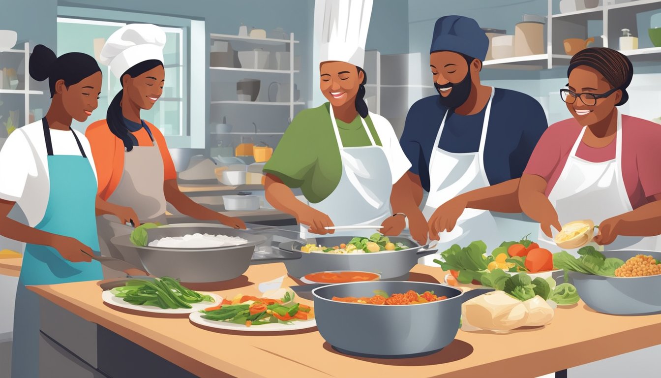 A diverse group cooking and sharing healthy cultural dishes in a community center kitchen