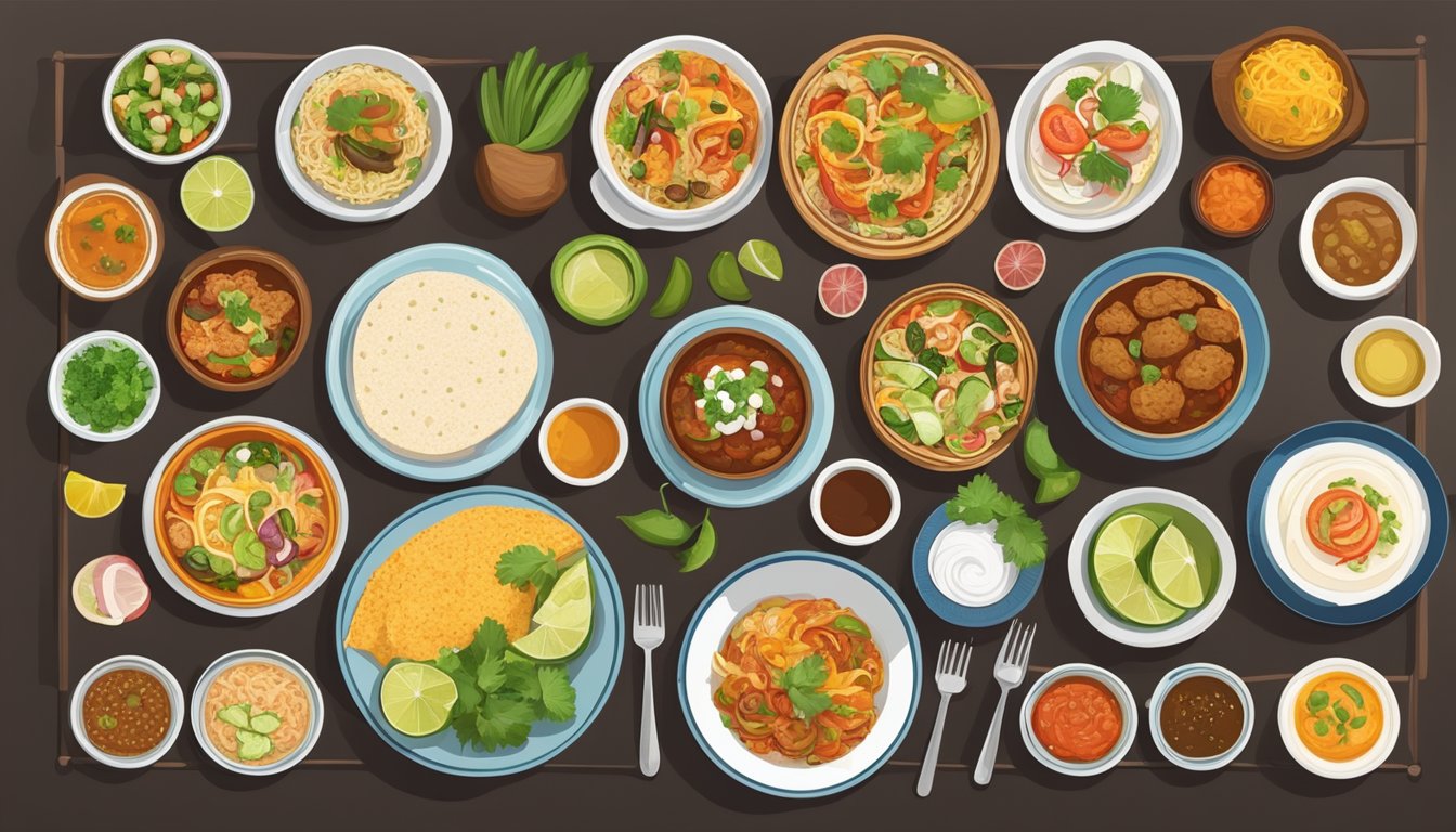 A table set with a variety of cultural dishes, including Mexican, Indian, and Japanese cuisine, all prepared with diabetic-friendly ingredients and portioned for weight loss