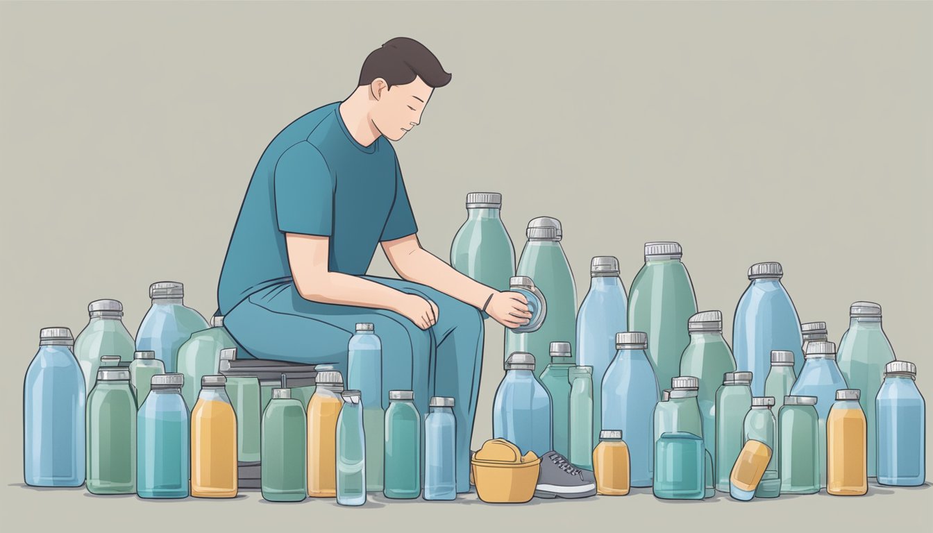 A person with diabetes struggles to lift a heavy weight while surrounded by empty water bottles, symbolizing the impact of dehydration on weight management