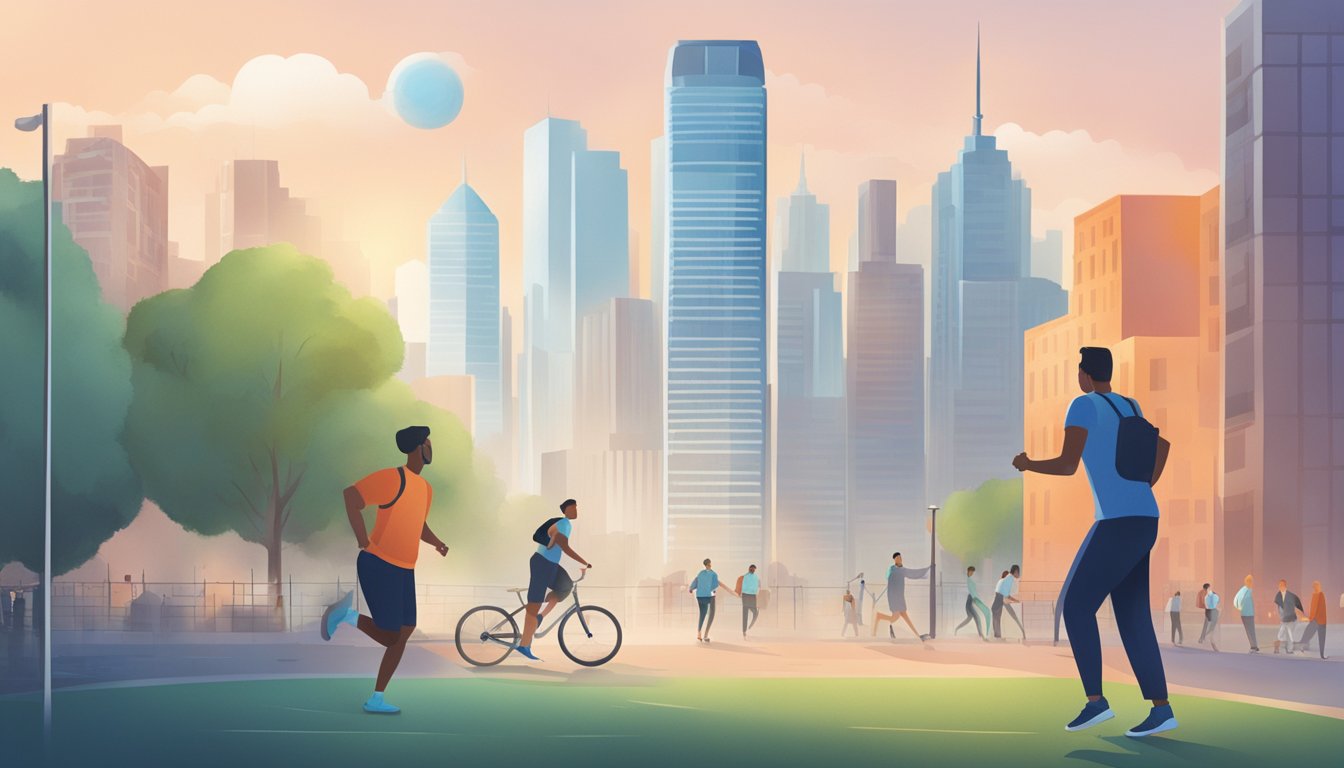 A city skyline with smog hovering over buildings, a person exercising outdoors, and a diabetic person monitoring their health