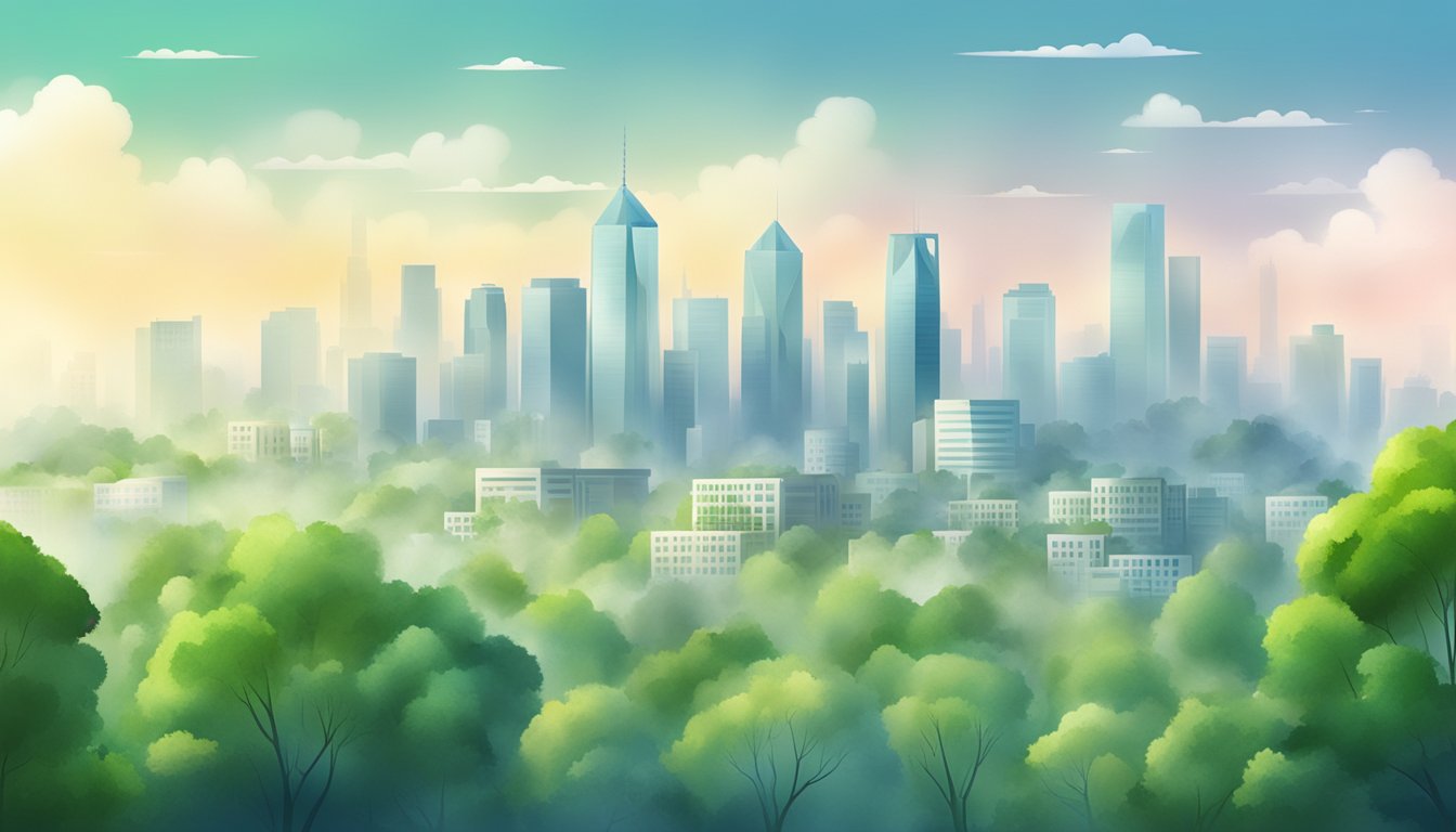 A city skyline with smog and pollution, surrounded by greenery and clean air