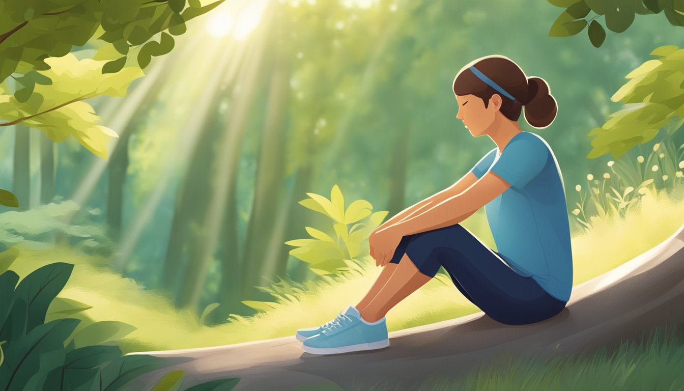 A person with diabetes stretches in a peaceful outdoor setting, surrounded by greenery and sunlight, with a sense of calm and focus