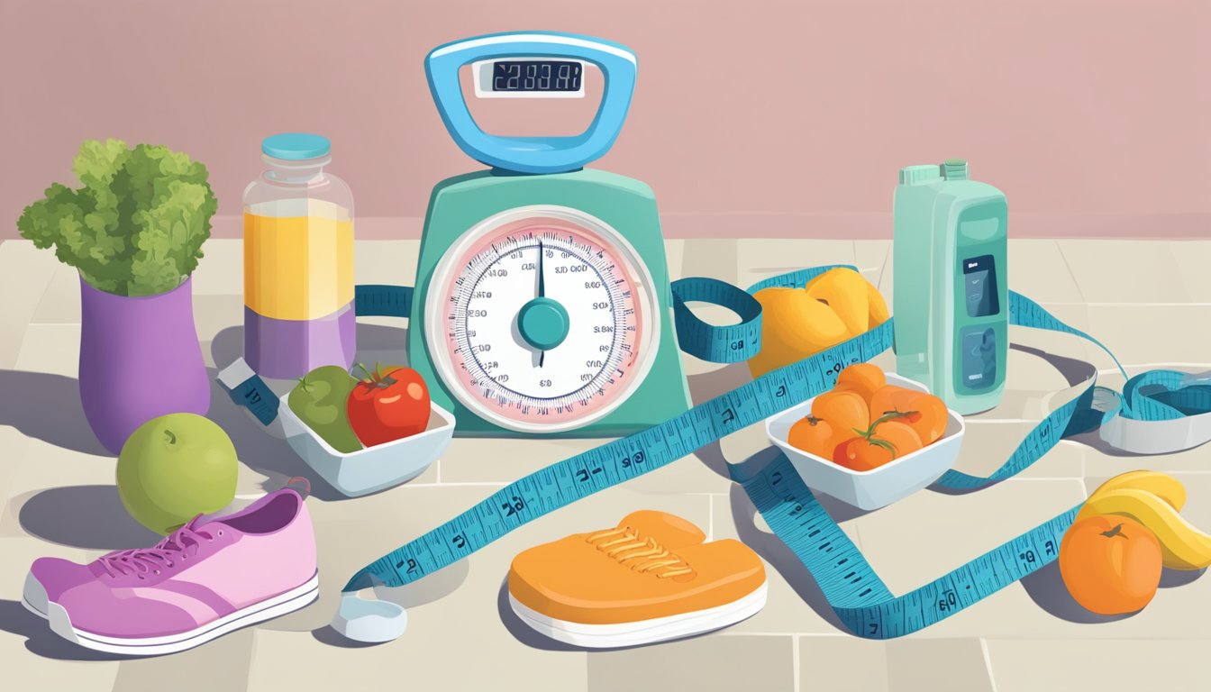 A scale sits on a bathroom floor, surrounded by a tape measure, healthy food, and a pair of running shoes, symbolizing the journey of managing self-image changes in a diabetic weight loss journey