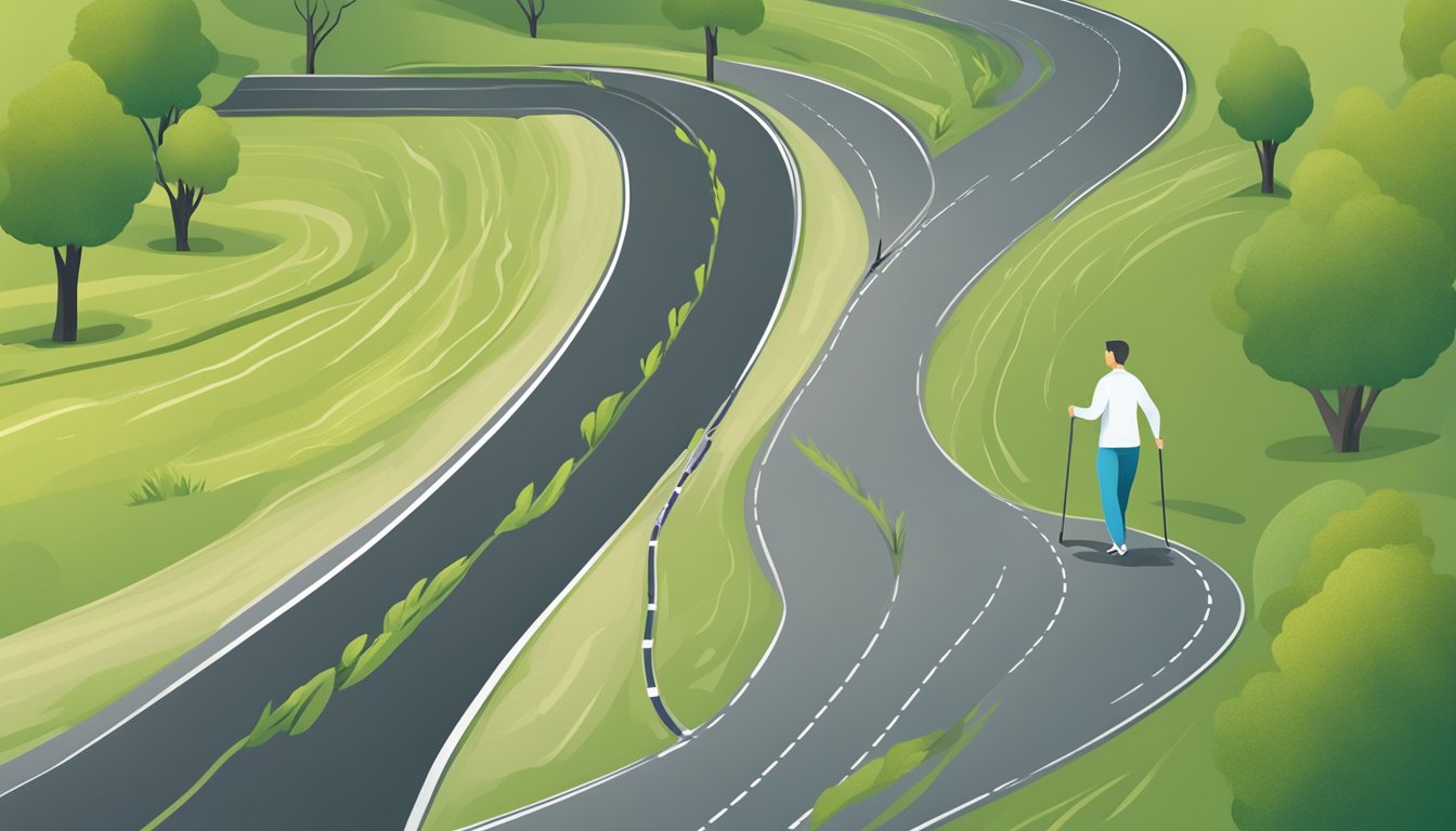 A person with diabetic gastroparesis stands on a winding road, with a fork in the path leading to a healthy lifestyle and weight loss