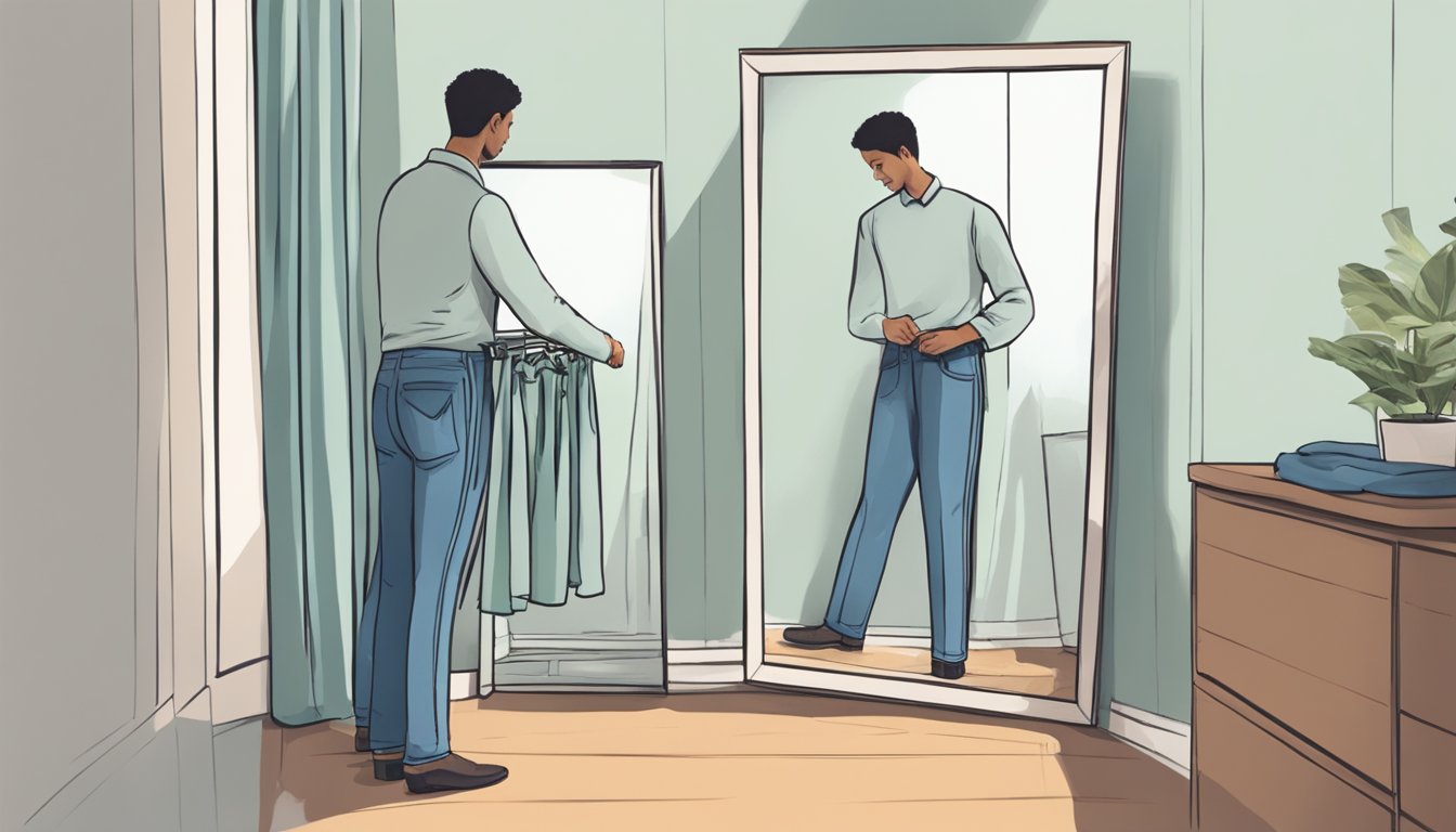 A person standing in front of a mirror, looking at their reflection while holding a pair of pants that no longer fit around the waist