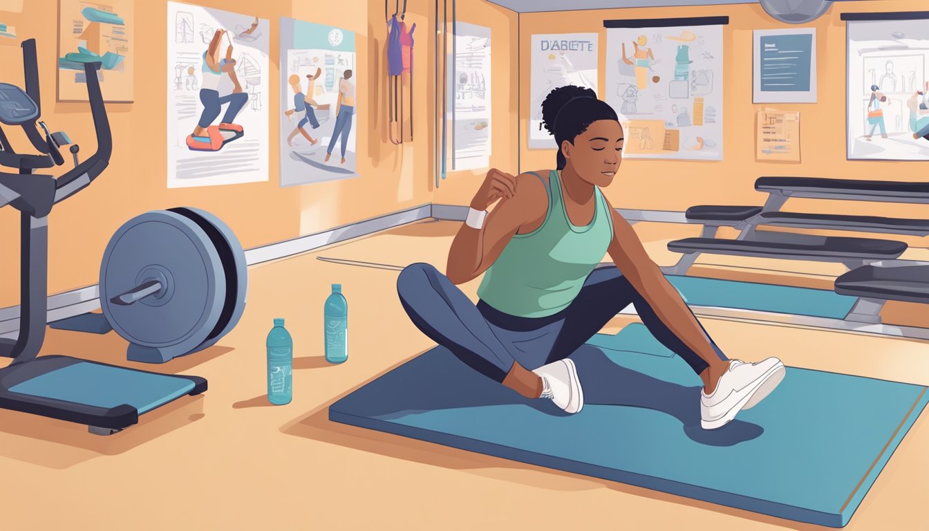 A person with diabetes stretches in a gym, surrounded by exercise equipment and motivational posters