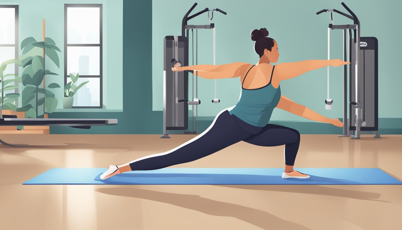 A person with diabetes performing stretching exercises in a gym, with a focus on flexibility and weight loss